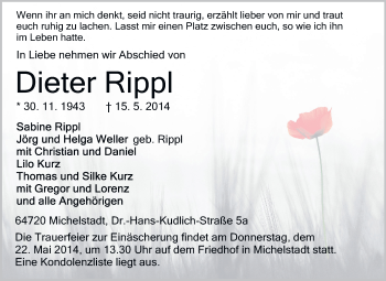 Traueranzeige von Dieter Rippl von Odenwälder Echo