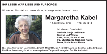 Traueranzeige von Margaretha Kabel von Odenwälder Echo