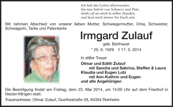Traueranzeige von Irmgard ZUlauf von Echo-Zeitungen (Gesamtausgabe)