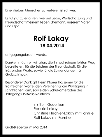 Traueranzeige von Rolf Lokay von Echo-Zeitungen (Gesamtausgabe)