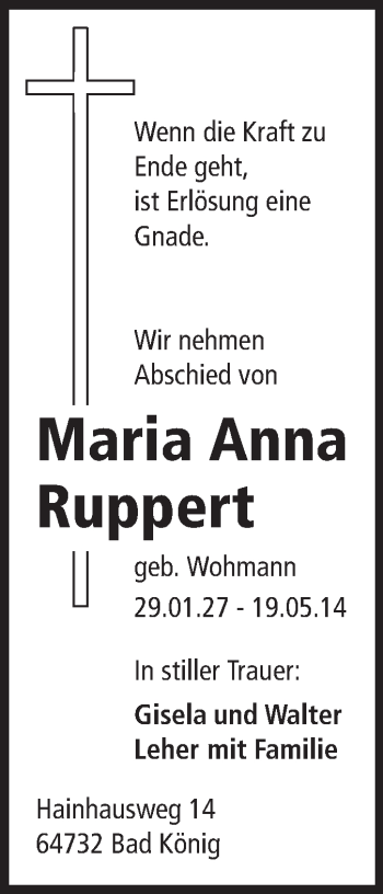 Traueranzeige von Maria Anna Ruppert von Odenwälder Echo