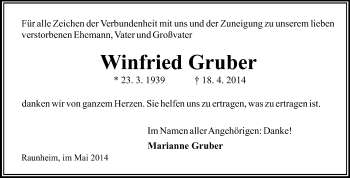 Traueranzeige von Winfried Gruber von Rüsselsheimer Echo, Groß-Gerauer-Echo, Ried Echo