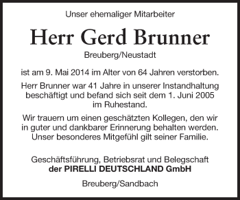 Traueranzeige von Gerd Brunner von Odenwälder Echo
