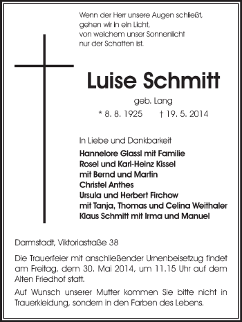 Traueranzeige von Luise Schmitt von Echo-Zeitungen (Gesamtausgabe)