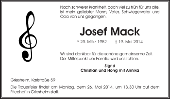 Traueranzeige von Josef Mack von Echo-Zeitungen (Gesamtausgabe)