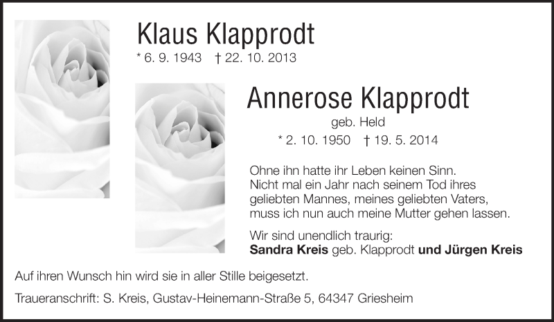  Traueranzeige für Annerose und Klaus Klapprodt vom 24.05.2014 aus Echo-Zeitungen (Gesamtausgabe)