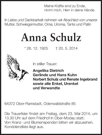 Traueranzeige von Anna Schulz von Echo-Zeitungen (Gesamtausgabe)