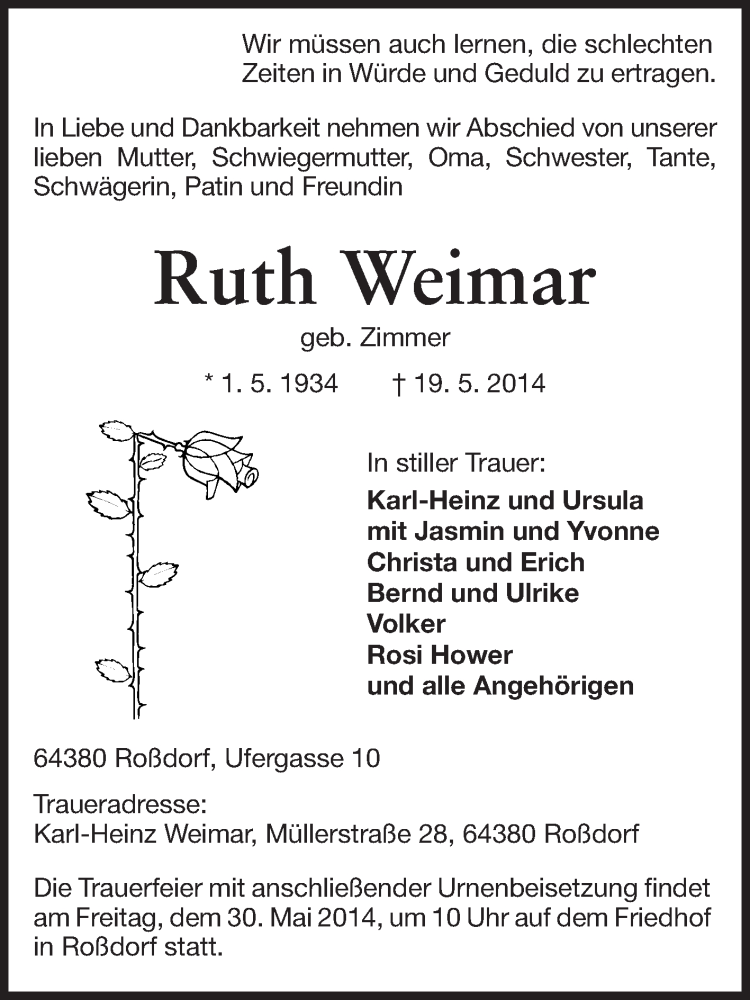  Traueranzeige für Ruth Weimar vom 24.05.2014 aus Echo-Zeitungen (Gesamtausgabe)