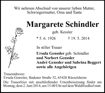 Traueranzeige von Margarete Schindler von Rüsselsheimer Echo, Groß-Gerauer-Echo, Ried Echo
