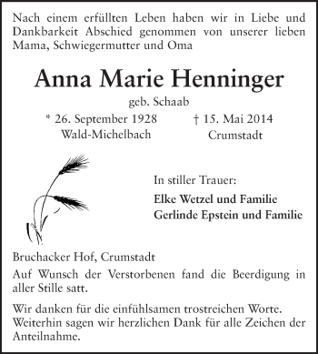 Traueranzeige von Anna Maria Henninger von Echo-Zeitungen (Gesamtausgabe)