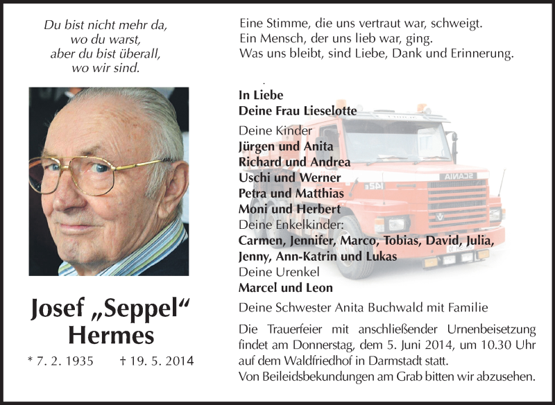  Traueranzeige für Josef Hermes vom 24.05.2014 aus Echo-Zeitungen (Gesamtausgabe)