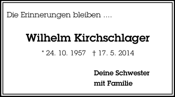 Traueranzeige von Wilhelm Kirchschlager von Odenwälder Echo