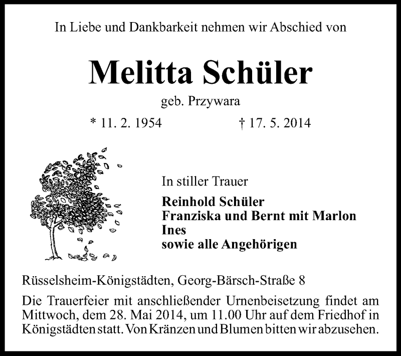  Traueranzeige für Melitta Schüler vom 24.05.2014 aus Rüsselsheimer Echo, Groß-Gerauer-Echo, Ried Echo