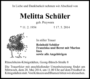 Traueranzeige von Melitta Schüler von Rüsselsheimer Echo, Groß-Gerauer-Echo, Ried Echo