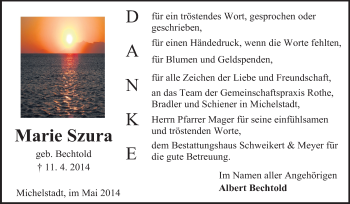 Traueranzeige von Marie Szura von Odenwälder Echo