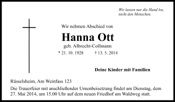 Traueranzeige von Hanna Ott von Rüsselsheimer Echo, Groß-Gerauer-Echo, Ried Echo