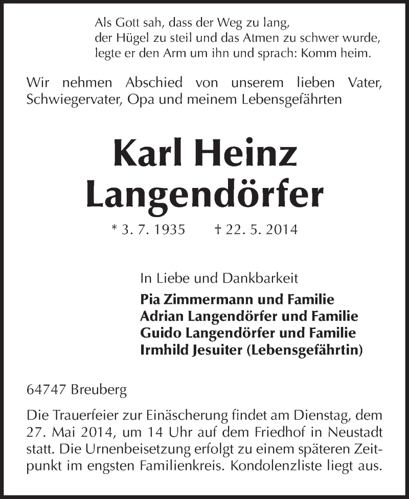  Traueranzeige für Karl Heinz Langendörfer vom 24.05.2014 aus Odenwälder Echo