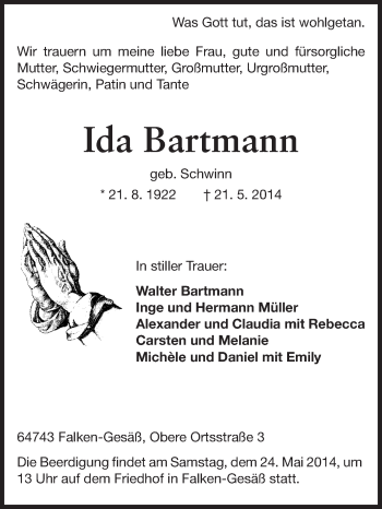 Traueranzeige von Ida Bartmann von Odenwälder Echo