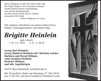 Traueranzeige von Brigitte Heinlein von Echo-Zeitungen (Gesamtausgabe)