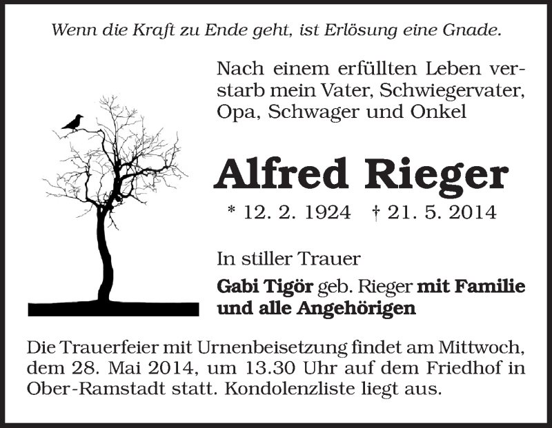  Traueranzeige für Alfred Rieger vom 24.05.2014 aus Echo-Zeitungen (Gesamtausgabe)