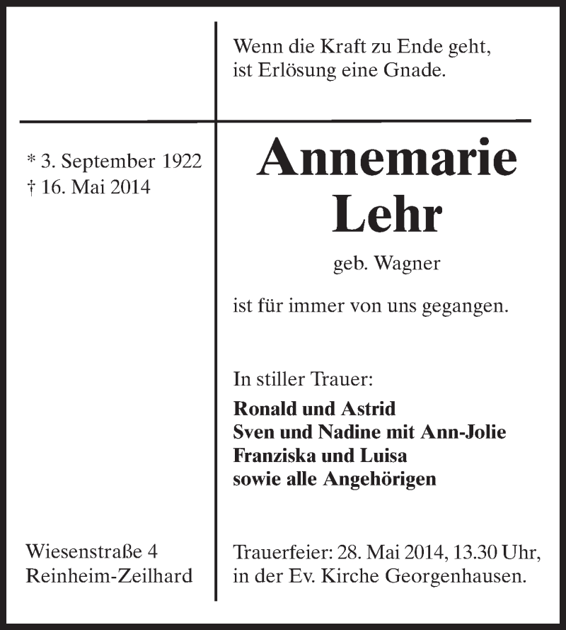  Traueranzeige für Annemarie Lehr vom 24.05.2014 aus Echo-Zeitungen (Gesamtausgabe)