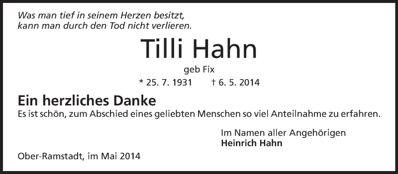  Traueranzeige für Tilli Hahn vom 24.05.2014 aus Echo-Zeitungen (Gesamtausgabe)