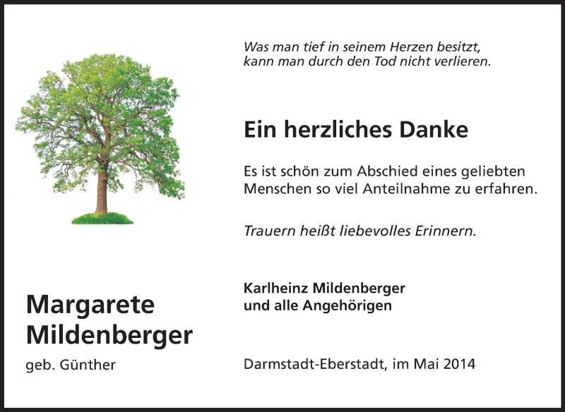  Traueranzeige für Margarete Mildenberger vom 24.05.2014 aus Echo-Zeitungen (Gesamtausgabe)