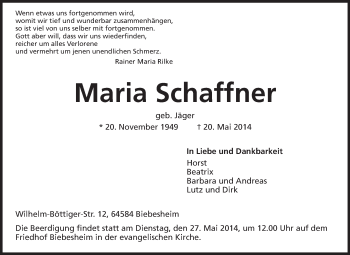 Traueranzeige von Maria Schaffner von Rüsselsheimer Echo, Groß-Gerauer-Echo, Ried Echo