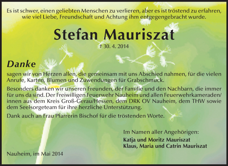  Traueranzeige für Stefan Mauriszat vom 31.05.2014 aus Rüsselsheimer Echo, Groß-Gerauer-Echo, Ried Echo