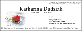 Traueranzeige von Katharina Dudziak von Rüsselsheimer Echo, Groß-Gerauer-Echo, Ried Echo