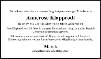Traueranzeige von Annerose Klapprodt von Echo-Zeitungen (Gesamtausgabe)