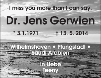 Traueranzeige von Jens Gerwien von Echo-Zeitungen (Gesamtausgabe)