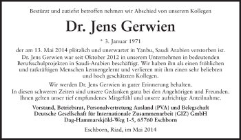 Traueranzeige von Jens Gerwien von Echo-Zeitungen (Gesamtausgabe)
