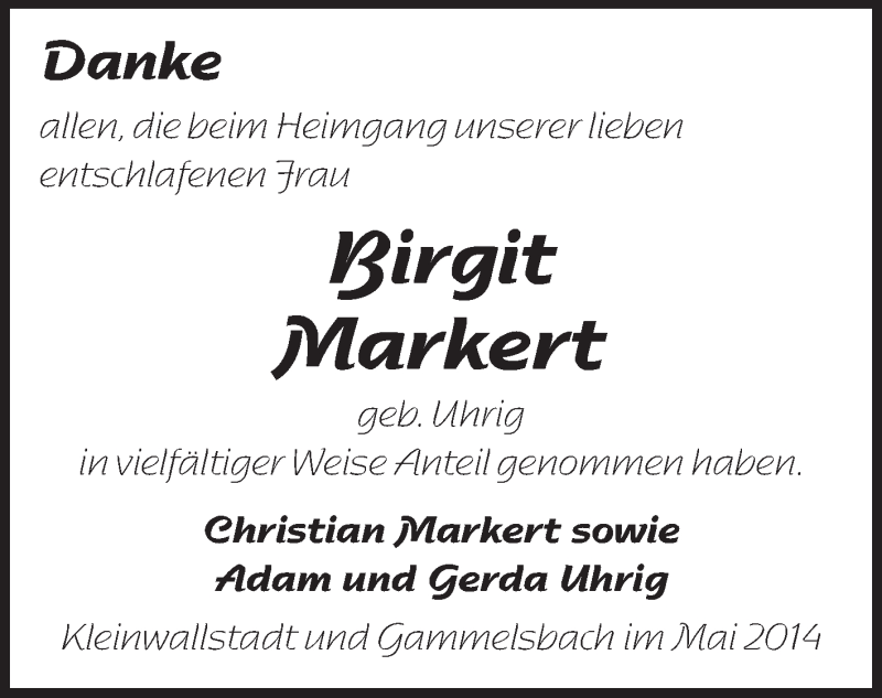  Traueranzeige für Birgit Markert vom 27.05.2014 aus Odenwälder Echo