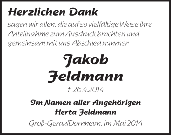 Traueranzeige von Jakob Feldmann von Rüsselsheimer Echo, Groß-Gerauer-Echo, Ried Echo