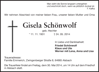 Traueranzeige von Gisela Schönwolf von Echo-Zeitungen (Gesamtausgabe)