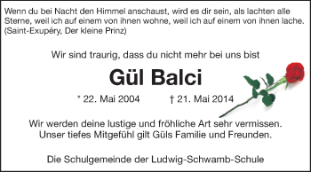 Traueranzeige von Gül Balci von Echo-Zeitungen (Gesamtausgabe)