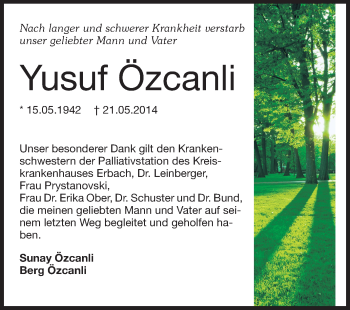 Traueranzeige von Yusuf Özcanli von Odenwälder Echo