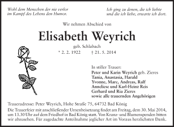 Traueranzeige von Elisabeth Weyrich von Odenwälder Echo