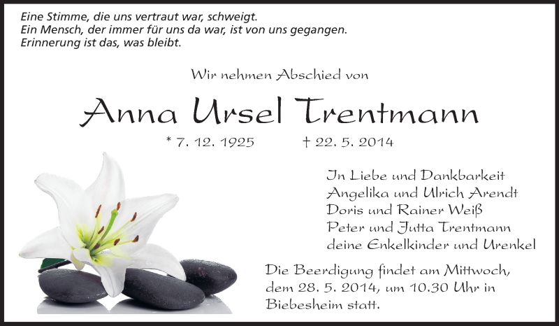  Traueranzeige für Anna Ursel Trentmann vom 27.05.2014 aus Rüsselsheimer Echo, Groß-Gerauer-Echo, Ried Echo