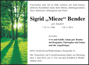 Traueranzeige von Sigrid Bender von Rüsselsheimer Echo, Groß-Gerauer-Echo, Ried Echo