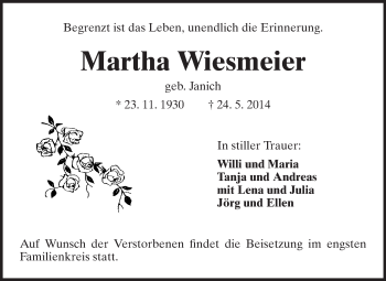 Traueranzeige von Martha Wiesmeier von Rüsselsheimer Echo, Groß-Gerauer-Echo, Ried Echo