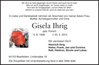 Traueranzeige von Gisela Ihrig von Odenwälder Echo