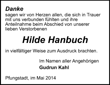 Traueranzeige von Hilde Hanbuch von Echo-Zeitungen (Gesamtausgabe)