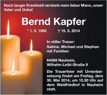 Traueranzeige von Bernd Kapfer von Rüsselsheimer Echo, Groß-Gerauer-Echo, Ried Echo