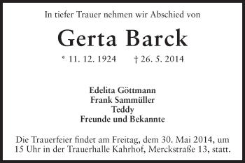 Traueranzeige von Gerta Barck von Echo-Zeitungen (Gesamtausgabe)
