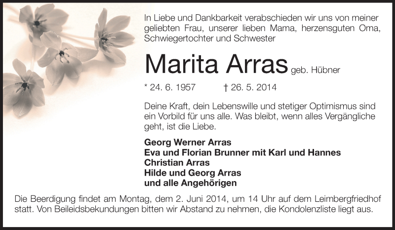  Traueranzeige für Marita Arras vom 30.05.2014 aus Odenwälder Echo