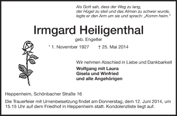 Traueranzeige von Irmgard Heiligenthal von Starkenburger Echo