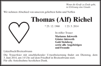 Traueranzeige von Thomas Richel von Odenwälder Echo