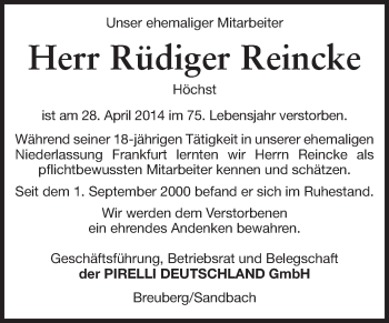 Traueranzeige von Rüdiger Reincke von Odenwälder Echo